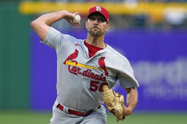 St. Louis Cardinals starting pitcher Adam Wainwright delivers during the first inning of the team's baseball game against the Pittsburgh Pirates in Pittsburgh, Wednesday, Aug. 11, 2021. (AP Photo/Gene J. Puskar)