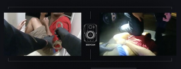In these images from Chula Vista Police Department body-camera videos, an officer approaches Oral Nunis, 56, with handcuffs (left), and officers restrain Nunis (right) after he ran out of his daughter’s California apartment in 2020. (Chula Vista Police Department via AP)