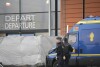 Gendarmerie patrols Vatry airport in eastern France, Saturday, December 23, 2023, Vatry, eastern France. About 300 Indian nationals heading to Central America were placed in quarantine for three days at a French airport on Saturday as part of an investigation into suspected human trafficking, authorities said. The 15 crew members of the Legend Airlines charter flight from the United Arab Emirates to Nicaragua have been questioned and released, according to a lawyer for the small Romania-based airline.  (AP Photo/Christophe Ena)