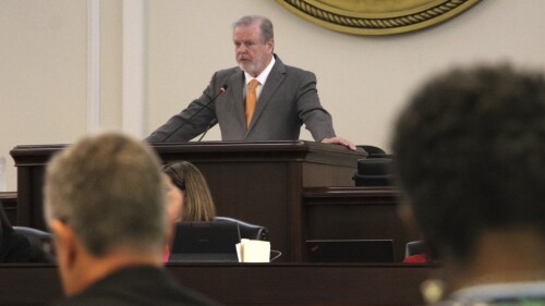 FILE - North Carolina Senate leader Phil Berger presides over a Senate floor debate on new abortion restrictions, May, 4, 2023, in Raleigh, N.C. A ban on green investing cleared North Carolina’s GOP-controlled legislature on Tuesday, June 13, as part of a broader Republican crusade against big businesses that champion sustainability and workplace diversity. (AP Photo/Hannah Schoenbaum, File)