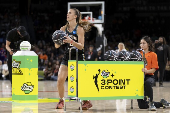 New York Liberty guard Sabrina Ionescu competes in the WNBA All-Star 3-point contest Friday, July 14, 2023, in Las Vegas. (Ellen Schmidt/Las Vegas Review-Journal via AP)