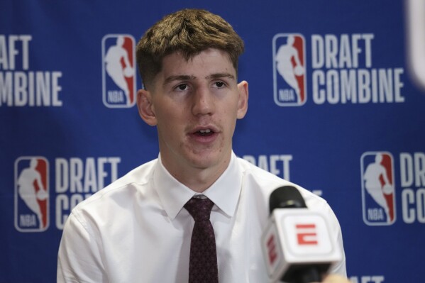 Alex Condon talks to media at the 2025 NBA basketball Draft Combine in Chicago, Wednesday, May 14, 2025. (AP Photo/Nam Y. Huh)
