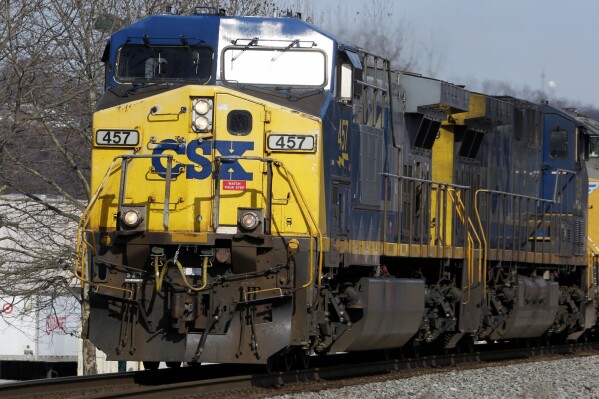 File - A CSX freight train passes through Homestead, Pa., Monday, Feb. 12, 2018. CSX earnings are reported on Thursday. (AP Photo/Gene J. Puskar, File)