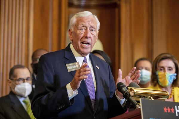 FILE - House Majority Leader Steny Hoyer, D-Md., speaks to members of the media during a news conference in Washington, on Tuesday, Aug. 24, 2021. A bill decriminalizing marijuana has passed the U.S. House. Democratic lawmakers said the nation's federal prohibition on marijuana has had particularly devastating consequences for minority communities. (AP Photo/Amanda Andrade-Rhoades, File)