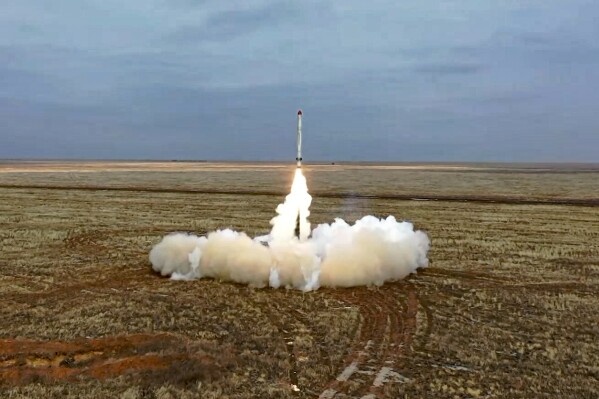 FILE - This photo taken from video provided by the Russian Defense Ministry Press Service on Saturday, Feb. 19, 2022, shows a Russian Iskander-K missile launched during a military exercise at a training ground in Russia. The Russian Defense Ministry said that the military will hold drills involving tactical nuclear weapons – the first time such exercise was publicly announced by Moscow. (Russian Defense Ministry Press Service via AP, File)