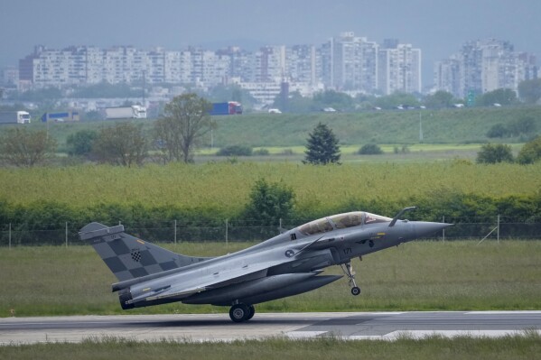 A French made Rafale fighter jet lands at the international airport in Zagreb, Croatia, Thursday, April 25, 2024. Croatia purchased 12 used fighter jets of the same type for about 1 billion euros. (AP Photo/Darko Bandic)