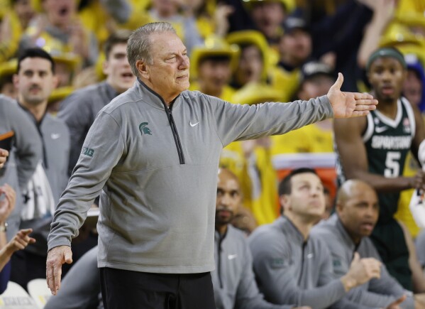 Michigan State head coach Tom Izzo argues a during the first half of an NCAA college basketball game against Michigan Friday, Feb. 21, 2025, in Ann Arbor, Mich. (AP Photo/Duane Burleson)