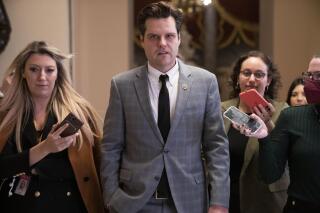 FILE - Rep. Matt Gaetz, R-Fla., is questioned by reporters, Jan. 6, 2023, on Capitol Hill in Washington. Gaetz says Justice Department has informed him he won’t face charges related to sex trafficking investigation. (AP Photo/Jacquelyn Martin, File)