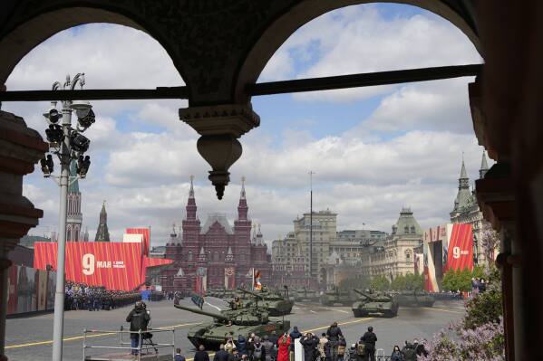 Russian army tanks roll in Red Square during the Victory Day military parade in Moscow, Russia, Friday, May 9, 2025, during celebrations of the 80th anniversary of the Soviet Union's victory over Nazi Germany during the World War II. (AP Photo/Alexander Zemlianichenko)