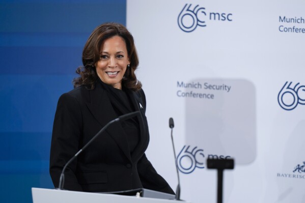 United States Vice-President Kamala Harris prepares to address the audience during the Munich Security Conference at the Bayerischer Hof Hotel in Munich, Germany, Friday, Feb. 16, 2024. The 60th Munich Security Conference (MSC) is taking place from Feb. 16 to Feb. 18, 2024. (AP Photo/Matthias Schrader)
