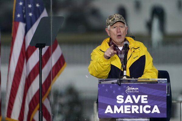 FILE - In this Jan. 6, 2021 file photo, Rep. Mo Brooks, R-Ark., speaks in Washington, at a rally in support of President Donald Trump called the "Save America Rally."  Brooks, teasing the announcement of a possible run for U.S. Senate, has scheduled a campaign rally on Monday, March 22, 2021, where he will be joined by former President Donald Trump adviser Stephen Miller. (AP Photo/Jacquelyn Martin, File)