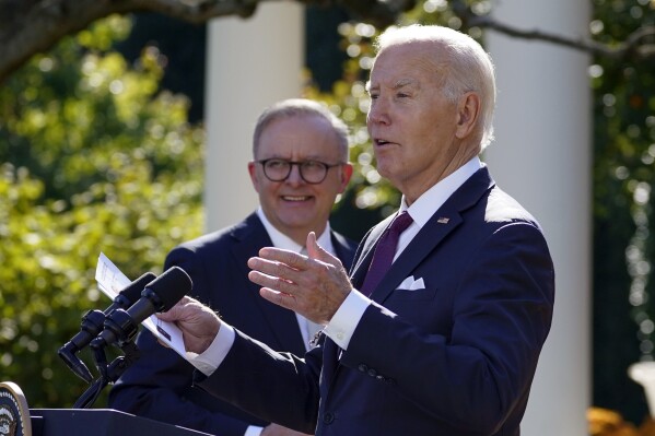 President Joe Biden and Australia's Prime Minister Anthony Albanese hold a news conference in the Rose Garden of the White House in Washington, Wednesday, Oct. 25, 2023. (AP Photo/Evan Vucci)