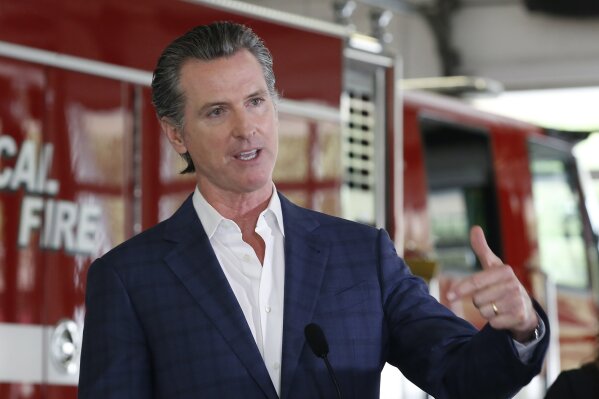 FILE - In this May 13, 2020 file photo, Gov. Gavin Newsom discusses his revised state budget proposal during a news conference at the CalFire/Cameron Park Fire Station in Cameron Park, Calif.  Many state and local governments across the country have suspended public records requirements amid the coronavirus pandemic. Newsom declined for a while to release details of a nearly $1 billion contract to buy protective masks from a Chinese company. And numerous California municipalities have stopped or slowed their fulfillment of open-records requests.(AP Photo/Rich Pedroncelli, Pool)