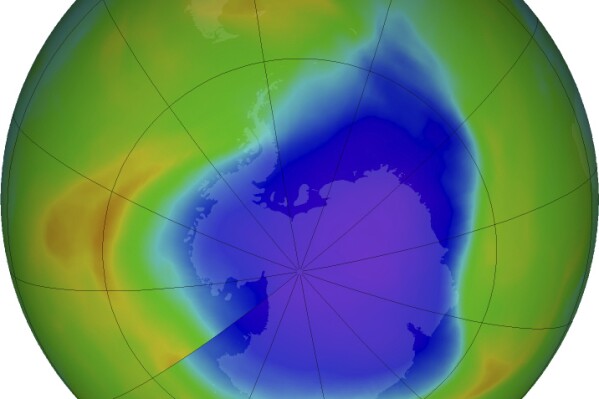 In this NASA false-color image, the blue and purple shows the hole in Earth's protective ozone layer over Antarctica on Oct. 30, 2023. This year’s ozone hole was about average size for the last 20 years. (NASA via AP)