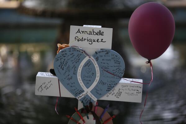 Annabell Rodriguez's cross stands at a memorial site for the victims killed in this week's shooting at Robb Elementary School in Uvalde, Texas, Friday, May 27, 2022. (AP Photo/Dario Lopez-Mills)
