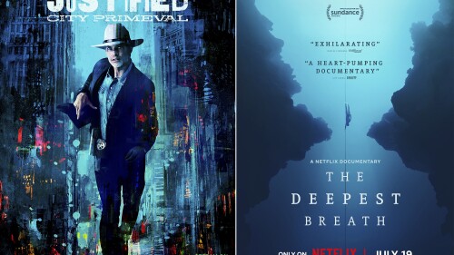 This combination of photos shows promotional art for the FX series "Justified: City Primeval," left, and the Netflix documentary "The Deepest Breath." (FX/Netflix via AP)