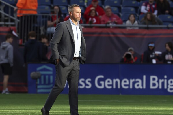 New England Revolution head coach Caleb Porter walks off the field at the end of an MLS soccer match against Toronto FC, Sunday, March 3, 2024, in Foxborough, Mass. (AP Photo/Mark Stockwell)