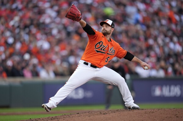 FILE -Baltimore Orioles relief pitcher Danny Coulombe throws during the second inning in Game 2 of an American League Division Series baseball game against the Texas Rangers, Sunday, Oct. 8, 2023, in Baltimore. Coulombe and the Baltimore Orioles agreed to a $2.3 million, one-year contract on Monday, Jan. 29, 2024, that avoided salary arbitration. (AP Photo/Julio Cortez, File)