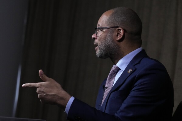 Aaron Ford, Attorney General of Nevada, answers a question during an interview at the State Attorneys General Association meetings , Thursday, Nov. 16, 2023, in Boston. In exclusive sit-down interviews with The Associated Press, several Black Democrat attorneys general discuss the role race and politics plays in their jobs. (AP Photo/Charles Krupa)