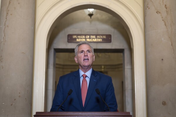 Speaker of the House Kevin McCarthy, R-Calif., speaks at the Capitol in Washington, Tuesday, Sept. 12, 2023. McCarthy says he's directing a House committee to open a formal impeachment inquiry into President Joe Biden. (AP Photo/J. Scott Applewhite)