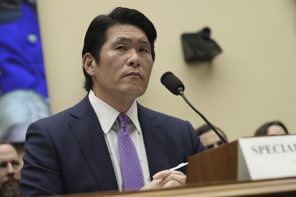 Department of Justice Special Counsel Robert Hur listens during a House Judiciary Committee hearing, Tuesday March 12, 2024, on Capitol Hill in Washington. (AP Photo/Jacquelyn Martin)
