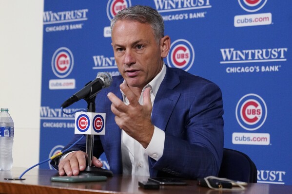 Chicago Cubs president of baseball operations Jed Hoyer speaks during the news conference at Wrigley Field in Chicago, Tuesday, Oct. 3, 2023. (AP Photo/Nam Y. Huh)