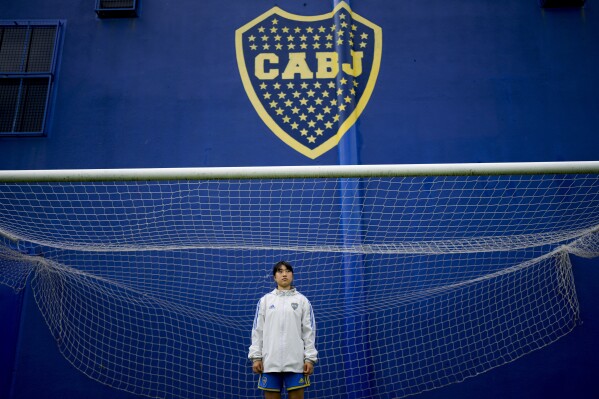 Boca Juniors' Yuria Sasaki, from Japan, poses for a portrait at her club's facilities in Buenos Aires, Argentina, Tuesday, March 12, 2024. Sasaki is part of a growing group of foreigners joining the Argentinian league as it seeks to boost its recently turned professional women's soccer teams. (AP Photo/Natacha Pisarenko)
