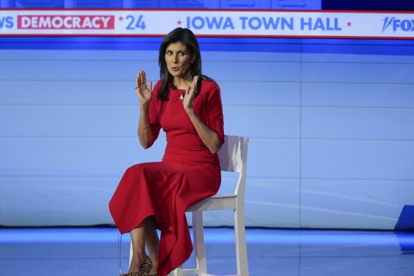 Republican presidential candidate former UN Ambassador Nikki Haley speaks during a Fox News Town Hall, Monday, Jan. 8, 2024, in Des Moines, Iowa. (AP Photo/Charlie Neibergall)