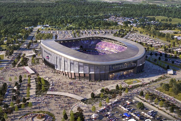 This artist rendering, provided by the National Football League Buffalo Bills, Thursday, March 2, 2023, shows the team's proposed new stadium in Orchard Park, N.Y. Three months since construction began on their new stadium, the Buffalo Bills are already facing a potential cash crunch with latest projections having the team on the hook for as much as $300 million in cost over-runs, four people with direct knowledge or briefed on the financial details told The Associated Press this week. (Courtesy of Buffalo Bills via Populous, via AP)