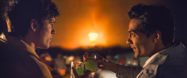 This image released by Sony Pictures Classics shows Jacob Elordi, left, and Diego Caliva in a scene from "On Swift Horses." (Sony Pictures Classics via AP)
