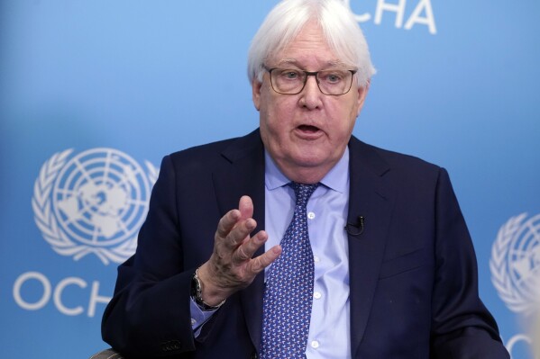 Martin Griffiths, United Nations Under-Secretary-General for Humanitarian Affairs and Emergency Relief Coordinator, is interviewed at the U.N., Wednesday, June 5, 2024. Griffiths said leaders in many conflict areas are more interested in power and political rivalries than in listening to the needs of their people, improving their lives and ending the fighting. (AP Photo/Richard Drew)