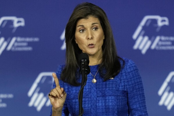 Republican presidential candidate and former U.N. Ambassador Nikki Haley speaks at an annual leadership meeting of the Republican Jewish Coalition, Saturday, Oct. 28, 2023, in Las Vegas. (AP Photo/John Locher)