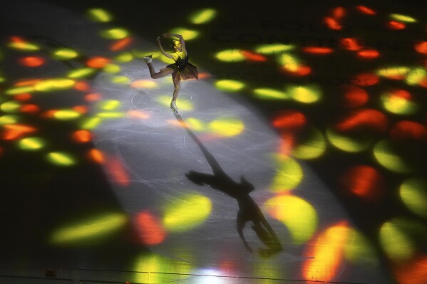 Sarah Everhardt of the U.S. performs during the gala exhibition in the ISU Four Continents Figure Skating Championships at the Mokdong ice rink in Seoul, South Korea, Sunday, Feb. 23, 2025. (AP Photo/Lee Jin-man)
