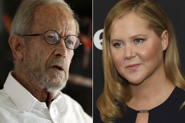 Author Elmore Leonard appears during an interview at his Bloomfield Township, Mich., home on Sept. 17, 2012, left, and actor-comedian Amy Schumer appears at the premiere of Hulu's Original Series "Life & Beth" in New York on March 16, 2022. A new study from PEN America finds that tens of thousands of books are banned or restricted by U.S. prisons. Leonard's thriller “Cuba Libre,”is banned in Michigan and Schumer's memoir “The Girl with the Lower Back Tattoo” was flagged by Florida officials for graphic sexual content and for being a threat to the security. (AP Photo)