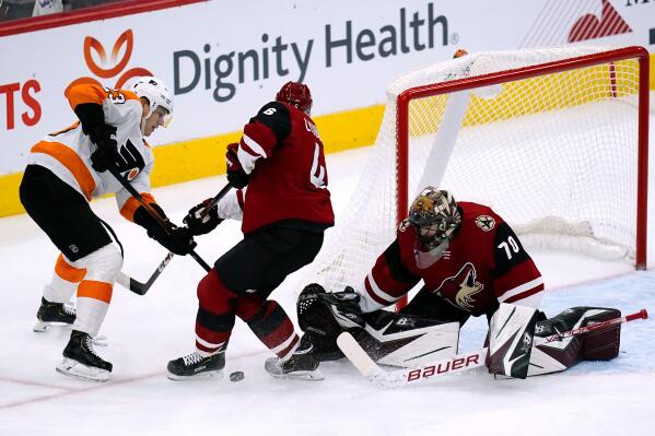 Philadelphia Flyers James Van Riemsdyk has a shot blocked by New