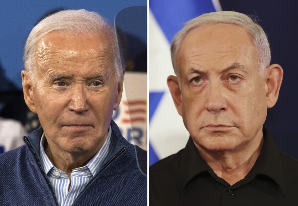 This combination photo shows President Joe Biden, left, on March 8, 2024, in Wallingford, Pa., and Israeli Prime Minister Benjamin Netanyahu in Tel Aviv, Israel, Oct. 28, 2023. Biden and Netanyahu spoke Monday, March 18, in their first interaction in more than a month as the divide has grown between allies over food crisis in Gaza, conduct of war. (AP Photo)