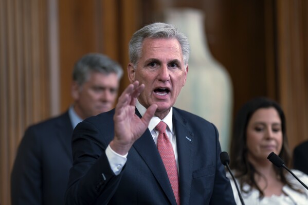 FILE - Speaker of the House Kevin McCarthy, R-Calif., holds a news conference as the House prepares to leave for its August recess, at the Capitol in Washington, July 27, 2023. As the defeated former President Donald Trump prepares to appear Thursday on federal charges that he orchestrated an unprecedented effort to overturn President Joe Biden's 2020 election, he faces no such dire warnings or recriminations. It's a piercing silence from Republicans as Trump towers over the field of Republican contenders for the presidency. (AP Photo/J. Scott Applewhite, File)