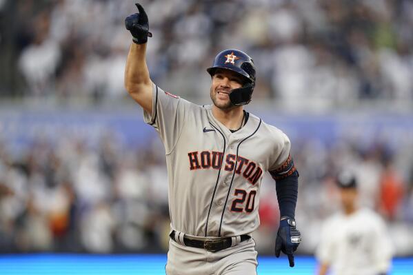Houston Astros Chas McCormick (20) reacts as he rounds the bases after hitting a two-run home run against the New York Yankees during the second inning of Game 3 of an American League Championship baseball series, Saturday, Oct. 22, 2022, in New York. (AP Photo/Seth Wenig)