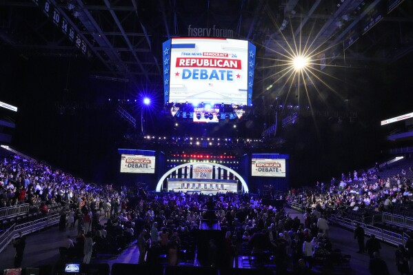 The stage is set at Fiserv Forum before the first 2023 Republican presidential debate in Milwaukee on Wednesday, Aug. 23, 2023. (Mike De Sisti/Milwaukee Journal-Sentinel via AP)