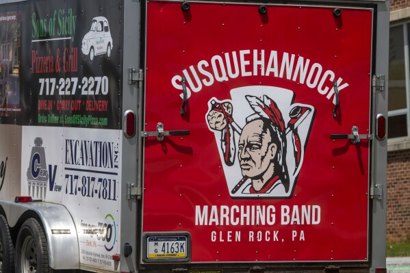 The Susquehannock Warriors logo is seen on a trailer at Susquehannock High School, April 25, 2021, in Glen Park, Pa. Pennsylvania’s Southern York County School District reinstated its mascot in January 2024, joining school districts in Massachusetts and Connecticut that reverted to mascots that many Native Americans have called offensive. (Paul Kuehnel/York Daily Record via AP)