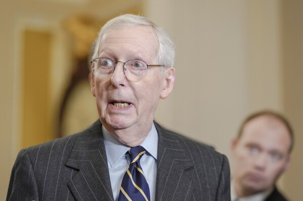 Sen. Minority Leader Mitch McConnell, R-Ky., speaks at a news conference after a policy luncheon on Capitol Hill Wednesday, Jan. 17, 2024, in Washington. (AP Photo/Mariam Zuhaib)