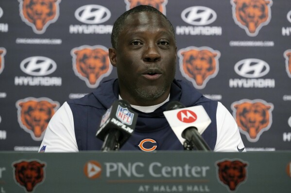 FILE - Chicago Bears defensive coordinator Alan Williams speaks at a news conference during the NFL football team's rookie minicamp at Halas Hall in Lake Forest, Ill., Friday, May 5, 2023. Williams remained away from the team Wednesday, Sept. 20, after missing a game for personal reasons, and coach Matt Eberflus would not say if he still has his job.(AP Photo/Nam Y. Huh, File)