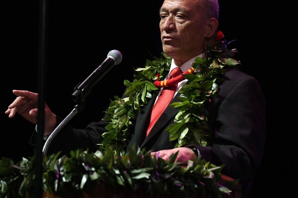 Maui County Mayor Richard Bissen delivers his State of the County Address at the Maui Arts & Cultural's Castle Theater, in Kahului, Hawaii, Friday, March 15, 2024. (Matthew Thayer/The Maui News via AP)
