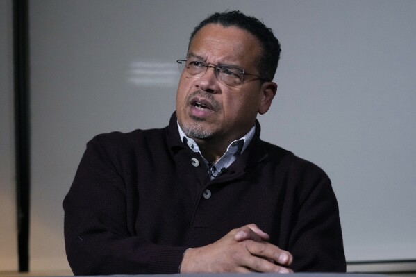 Keith Ellison, Attorney General of Minnesota, answers a question during an interview at the State Attorneys General Association meetings , Wednesday, Nov. 15, 2023, in Boston. (AP Photo/Charles Krupa)