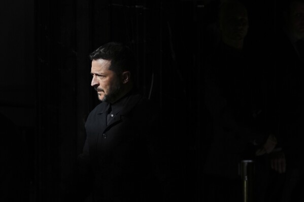 Ukraine President Volodymyr Zelenskyy arrives for a press conference at the Prague Castle, Czech Republic, May 4, 2025. (AP Photo/Petr David Josek)