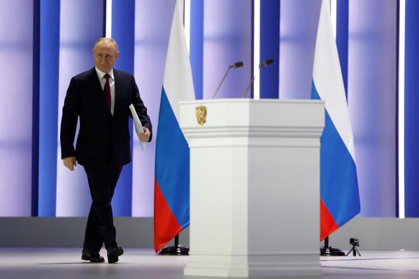 Russian President Vladimir Putin arrives to give his annual state of the nation address in Moscow, Russia, Tuesday, Feb. 21, 2023. (Dmitry Astakhov, Sputnik, Kremlin Pool Photo via AP)