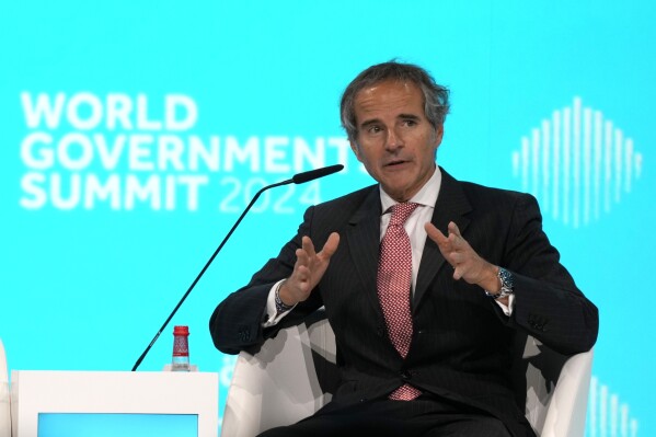 Rafael Mariano Grossi, the director-general of the International Atomic Energy Agency speaks during the World Governments Summit in Dubai, United Arab Emirates, Tuesday, Feb. 13, 2024. The head of the United Nations' nuclear watchdog warned Tuesday that Iran is 