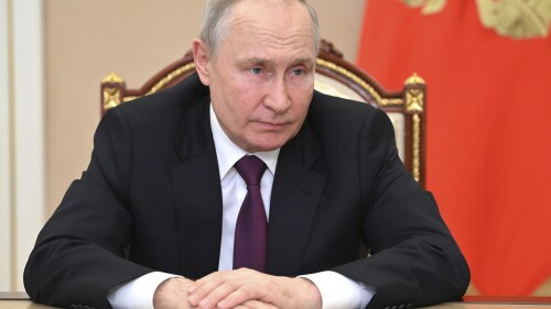 Russian President Vladimir Putin chairs a meeting on economic issues via a video conference at the Kremlin in Moscow, Russia, Tuesday, July 25, 2023. (Alexander Kazakov, Sputnik, Kremlin Pool Photo via AP)