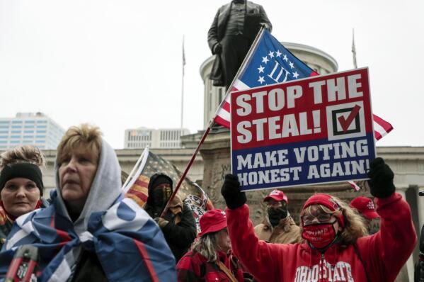 FILE - Supporters of President Donald Trump demonstrate during a rally on, Jan. 6, 2021, at the Ohio Statehouse in Columbus, Ohio. This week’s gripping testimony about threats to election officials by former President Donald Trump and his followers had a rapt audience outside Washington -- secretaries of state and election clerks across the country who said the stories could very well have been their own.  (Joshua A. Bickel/The Columbus Dispatch via AP, File)