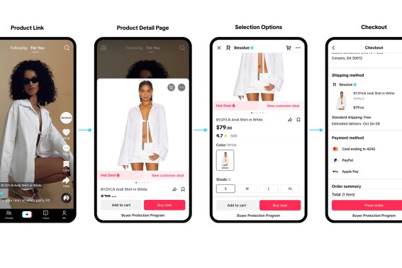 This combination image created and provided by TikTok shows a product listing on TikTok from the retail company Revolve. TikTok is fully launching its e-commerce product in the U.S. in an effort to translate the app’s cultural relevance among young consumers to sales. The company said Tuesday, Sept. 12, 2023, that its shopping wing, called TikTok Shop, will include several features such as a “Shop Tab,” a marketplace its been testing on the app since August; affiliate videos in user’s feed that allows creators to earn commissions from products; as well as a logistics arm called Fulfilled by TikTok that stores and ships products for merchants. (TikTok via AP)